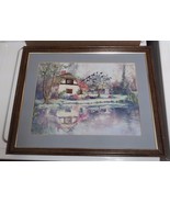 Embroidered picture of cottage by lake 22" x 18" frame 10.5" x 8.5" picture