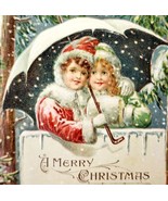 Merry Christmas 1909 Greeting Postcard Embossed Children Snowy Forest PC... - $34.16 CAD