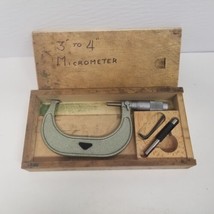 Vintage 3&quot;-4&quot; Micrometer w/ Wood Slide Case, Machining, Metalworking - $29.65