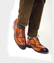 Burnished Tan Color Oxford Men Premium Leather Handmade Wing Tip Vintage Shoes - £118.62 GBP+