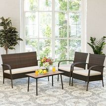 4 Pieces Patio Cushioned Wicker Conversation Set with Acacia Wood Tablet... - $304.99