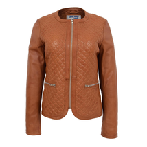 Smart Quilted Biker Style Sheep Nappa Leather collarless Jacket Tan DR209 - £147.57 GBP