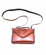 Vintage Womens Western Leather Purse Hand Tooled &amp; Sewn Tan Boho Hippie 70s - $54.58 CAD