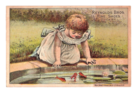 Victorian Trade Card 1880&#39;s Reynolds Brothers Shoes Girl Goldfish Pond U... - £11.06 GBP
