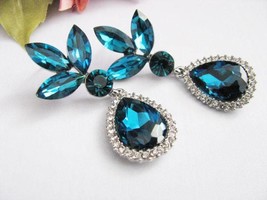 Teal, Faceted crystals, Silver Tone, Loads of Rhinestone,  Wedding, Earring Drop - £19.24 GBP