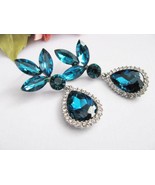 Teal, Faceted crystals, Silver Tone, Loads of Rhinestone,  Wedding, Earr... - $454.28 MXN