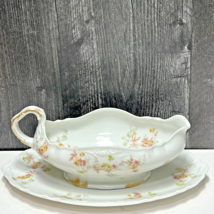 Haviland Limoges Schleiger 339 Gravy Boat and Under Plate Pink and Yellow Floral - £44.31 GBP