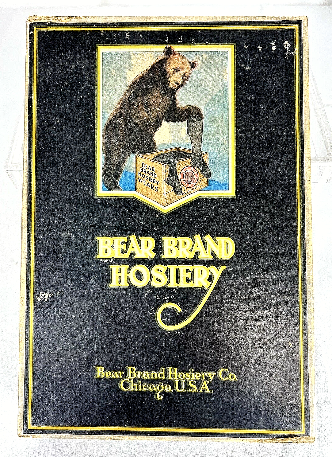 Primary image for Antique 1898 Cardboard Bear Brand Hosiery Box is Empty 1 1/2 x 6 1/2 x 9 1/2"