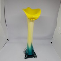 Art Glass Hand Blown Calla Lily/Tulip, Yellow/Teal/Glass Jack in the Pulpit Vase - £27.90 GBP