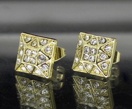 Men Women CZ Earrings Square Iced 10mm Studs Gold Plated Hip Hop Stainless Steel - £6.31 GBP