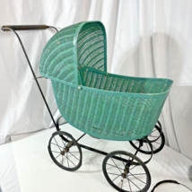 Antique Wicker Looking Baby Doll Buggy Hooded Metal Green Child Youth Toy - $69.99