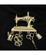 Danecraft Brooch Gold Tone Sewing Machine 2.75" x 1.75" Thimble Scissors... - $15.67