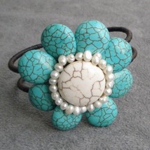 Beautiful &amp; Colorful Blue &amp; White Turquoise Flower Statement Cuff Bracelet - $11.77