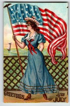 4th Of July Postcard Lady Patriotic USA Flag Sailboat Embossed Unposted Vintage - £20.01 GBP