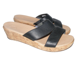 Crocs A-Leigh Women Size 10 Leather Cork Wedge Slip on Slide Sandals 16205 Black - £24.62 GBP