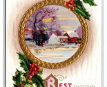 Cabin Scene Holly Hearty Christmas Wishes Gilt Embossed DB Postcard U11 - $4.90