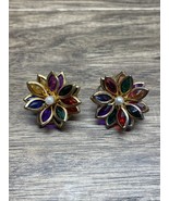 Vintage Lotus Multi Color Cluster Glass Flower Gold Tone Clip On Earring... - €14,60 EUR