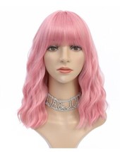 Pink Wigs for Women Short Wavy Bob Wigs with Air Bangs Natural Looking Synthetic - £10.03 GBP