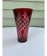 Ruby red cut-to-clear vase crosshatch pattern 9" for  800-Flowers label  1980's - $34.64