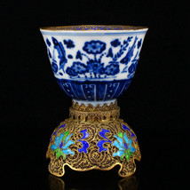 Superb Chinese Gilt Edge Blue And White Porcelain Cup w Gold Wire Enamel Base &amp; - £470.03 GBP