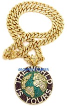 The World Is Yours Pendant with 24 Inch Cuban Link Crystal Rhinestone Necklace - £69.29 GBP