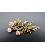 Vintage Bouquet Brooch Pin Porcelain Pink Roses Gold Tone Seed Bead Accents - $28.02 CAD