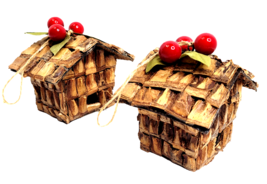 Christmas Homemade Tree Ornaments Shingle Miniature Birdhouses 4&quot; Cherries Set 2 - £7.53 GBP