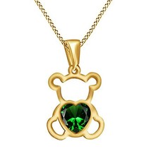 14K Y Gold-Plated 1mm Heart Emerald Teddy Bear Love Promise Pendant 18&quot; Chain - £36.75 GBP
