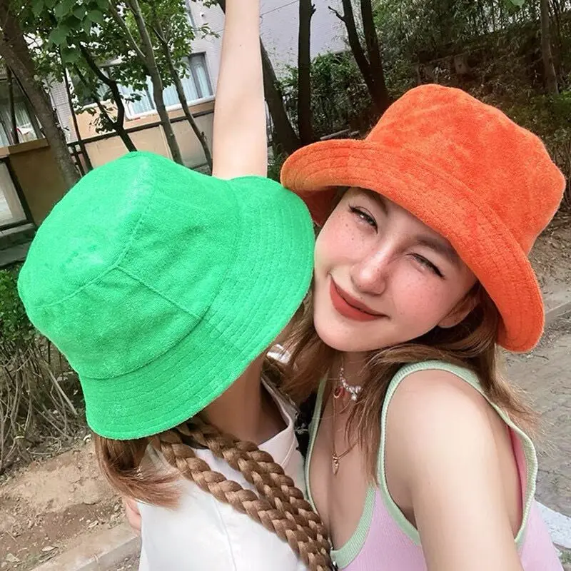 New Terry Cloth Bucket Hat Women Men Candy Colors Panama Sun Fisherman Hat Towel - £10.79 GBP+