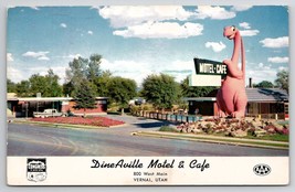 Vernal Utah DineAville Motel &amp; Cafe Big Dinosaur Mascott Postcard V30 - £10.35 GBP