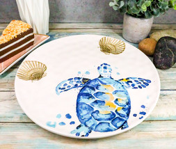 Marine Blue Sea Turtle And Golden Sea Shells Ceramic Dinner Plates Set Of 2 - £27.52 GBP