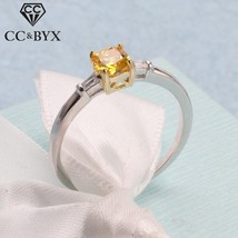 CC S925 Silver Simple Rings For Women Square Stone Yellow Cubic Zirconia Diamant - £7.70 GBP