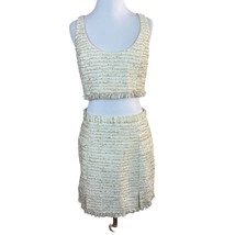 NBD Tweed Set M Blair Mini Skirt Shawna Crop Top Ivory Metallic Gold Fringe Zip - £78.99 GBP