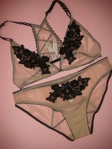 Victoria&#39;s Secret S,M BRA BRALETTE racerback SET BEIGE BLACK embroidered... - $49.49