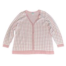 Denim &amp; Co Pink White Jacquard Gingham Check V Neck Cardigan Sweater Wom... - $34.64