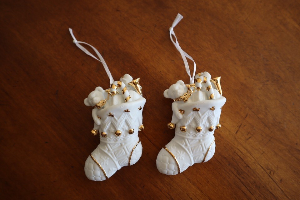 2x White Porcelain Gold Trim Christmas Ornament Stocking Gifts Drum Cand... - $9.50