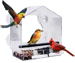 Acrylic Window Bird Feeder w/Removable Tray Suction Cups &amp; Drain Holes 4 Cups US - £17.57 GBP