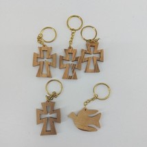 Set of 5 Key Chain Olive Wood Christian Cross Dove Hand Carved Israel Bethlehem - £13.80 GBP