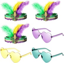 6 Pcs Mardi Gras Feather Headband Heart Shape Sunglasses Set Purple Yellow Green - £27.16 GBP
