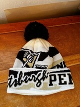 NHL Pittsburgh Penguins Hockey White Black &amp; Tan Knit w Puff Ball Pom Po... - £11.69 GBP