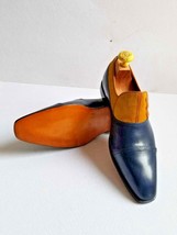 Handmade Men&#39;s Genuine Blue Leather &amp; Camel Suede Button Toe Cap Slip On Shoes - £112.46 GBP