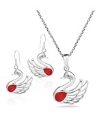 Majestic Swan Red Coral Sterling Silver Necklace Earrings Set - £26.82 GBP