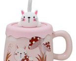 Bunny Rabbit Toadstool Mushrooms Pink Ceramic Mug With Silicone Lid And ... - £14.15 GBP