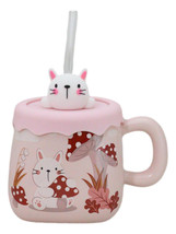 Bunny Rabbit Toadstool Mushrooms Pink Ceramic Mug With Silicone Lid And ... - $17.99