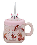 Bunny Rabbit Toadstool Mushrooms Pink Ceramic Mug With Silicone Lid And ... - $17.99