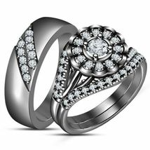 14k Black Gold Over Diamond Wedding His &amp; Her Trio Set Bridal Engagement Ring - £110.42 GBP