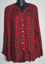 J Jill Womens M Long Sleeve Button Up Shirt Peplum Hemline Tartan Plaid Red - £19.92 GBP