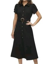 Calvin  Klein  Tulip  Sleeve, Fit &amp; Flare  Belted Midi  Dress,  Size  6 Black - £43.09 GBP