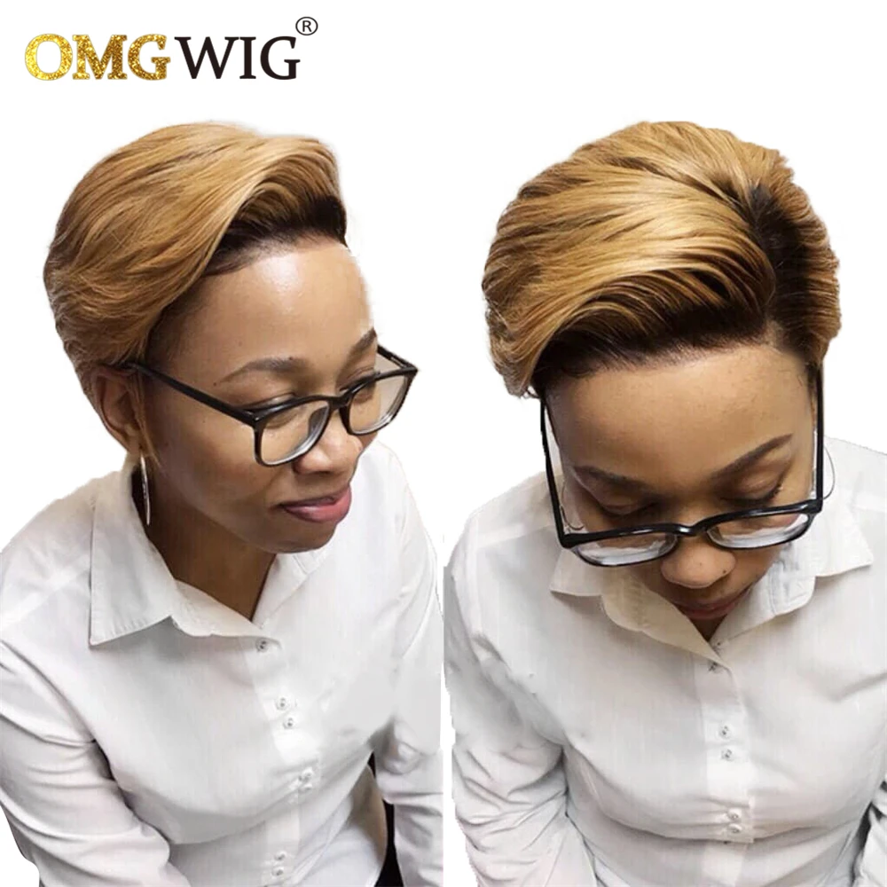 Chinese Remy Straight Short Human Hair Wigs 13X1 Side T Part Lace Wig 1B27 Omb - £53.68 GBP+