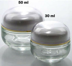 Lot 56 Empty Clear Thick Glass Jars W White &amp; Gold Lined Dome Caps 1 Oz High End - £79.05 GBP